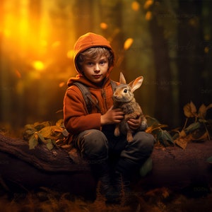 Puede incluir: Un niño pequeño con una sudadera con capucha naranja se sienta en un tronco de árbol en un entorno boscoso. Está sosteniendo un conejo marrón en sus brazos. El fondo es una imagen borrosa de árboles y hojas.