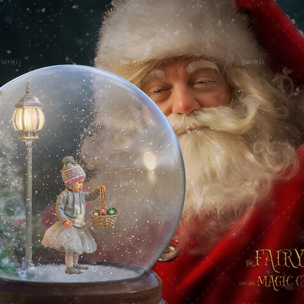 Christmas digital backdrop , Santa Claus with Snow Globe  , LAYERED PSD , Snow globe digital background . Digital backdrop .jpg included.