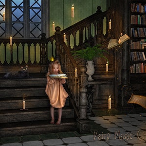 Digital backdrop for photography. Magic in the Wizard School Library, books and candles flying. Digital background for composite photography
