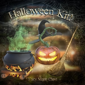 Halloween kit. Overlay clipart , png on transparent backgrounds. Pumpkin lantern, witch hat, broom, cauldron, and magical green smoke.
