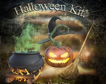 Halloween kit. Overlay clipart , png on transparent backgrounds. Pumpkin lantern, witch hat, broom, cauldron, and magical green smoke.