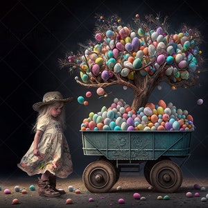 Easter Digital Background , fantasy cart with Easter eggs, for Composite photography