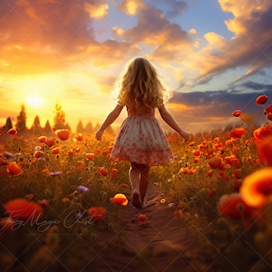 Könnte beinhalten: Ein junges Mädchen mit langen blonden Haaren geht durch ein Feld mit roten Mohnblumen auf einen Sonnenuntergang zu. Der Himmel ist leuchtend orange und rosa, und die Sonne geht hinter dem Mädchen unter.