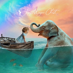 Elephant and boat on the sea digital background / backdrop composite photography for children