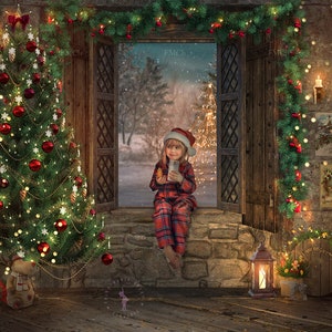 Christmas digital background / backdrop for photography and Photoshop. Christmas decorations next to an old window.
