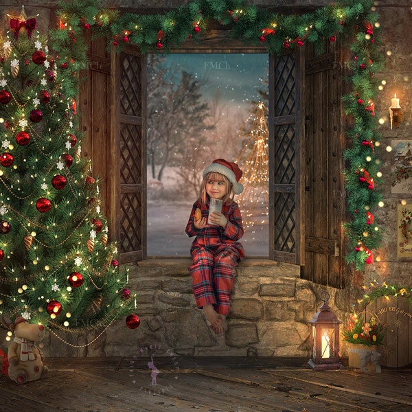 Christmas digital background / backdrop for photography and Photoshop. Christmas decorations next to an old window.