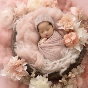 Digital Backdrop Newborn Background.  Soft pink , flowers. Baby Girl. Prop for Photography Composite.