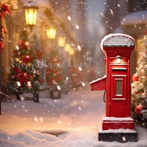Fondo digital navideño, buzón de Papá Noel en una calle nevada, para fotografía, fondo digital. Descarga instantánea.