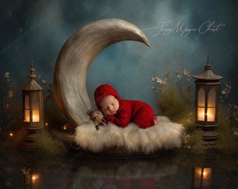 Crescent Moon Newborn Digital Backdrop: Lake Lanterns (Digital Download)