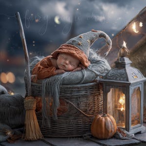 May include: A newborn baby wearing a witch hat and orange outfit, sleeping peacefully in a woven basket. A broom, lantern, and small pumpkin are nearby, creating a whimsical Halloween scene. The background is a dark, starry night.