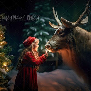 Enchanted Reindeer Night, Christmas Digital Background, Christmas Digital Backdrop for Photography. Instant download.