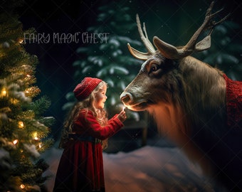 Enchanted Reindeer Christmas Digital Backdrop: Magical Night (Digital Download)