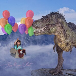 Dinosaurio en acantilado y caja de cartón con globos volando, fondo digital / telón de fondo para fotografía
