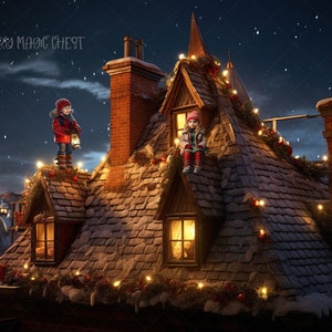 以下が含まれることがあります： クリスマスのライトとガーランドで飾られた雪に覆われた屋根の上にいる2人の子供。女の子は屋根に座っており、男の子は屋根の端で提灯を持っています。画像の左上隅に「Fairy Magic Chest」というテキストが表示されています。