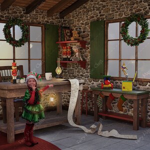 May include: A young elf dressed in green and red is standing in a room with a stone wall. The elf is holding a piece of paper and looking at the camera. There is a wooden table with a long list of names on it. The room is decorated for Christmas with wreaths and stockings.