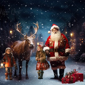 Santa and Reindeer in a Winter Fantasy. Christmas Digital Background. Christmas Digital Backdrop for Photography.