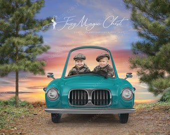 Blue Vintage Car Digital Backdrop, Kids Photography (Digital Download)