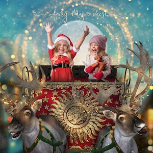 Fondo digital de trineo navideño, renos volando y sonriendo. Superposición digital PNG de nieve incluida como regalo. Para fotografía y Photoshop.