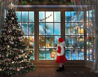 May include: A girl in a red and white Santa suit stands in front of a large window with a Christmas tree to the left. The window is decorated with a snowy scene and a flying Santa Claus. The girl is holding a lantern.