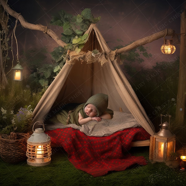 Newborn Camping Tent Digital Background, Backdrop, Photo Prop.  Baby Girl or Boy. Prop for Photography Composite.