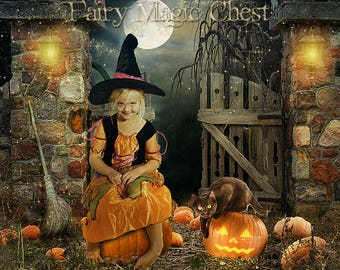 2 Halloween digital background, digital backdrops , prop ideal for children, with cat, pumpkin, broom, magic