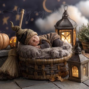 May include: A sleeping baby wearing a pointed hat and brown outfit rests in a woven basket lined with faux fur. The scene includes pumpkins, lanterns, a broom, and a starry night backdrop, creating a whimsical, autumnal theme.