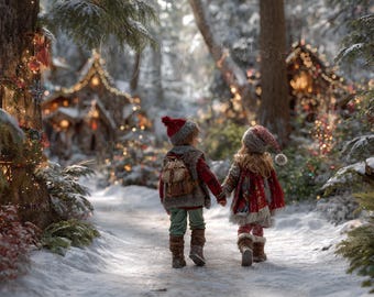 Magical Snowy Path with Christmas Lights – Winter Digital Backdrop, Digital Background Instant Download