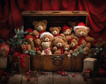 Treasure Chest of Teddy Bears: Christmas Digital Background for photography, digital backdrop. Instant download.
