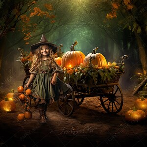 May include: A young girl dressed as a witch stands in a forest setting with a wagon full of pumpkins. The wagon is pulled by a pair of wooden wheels and has a wooden frame. The girl is holding a bunch of small pumpkins in her left hand. The pumpkins are orange and have a green stem. The girl is wearing a green dress with a brown belt and a brown witch hat. The forest is dark and mysterious, with trees and leaves in the background. The pumpkins are lit up with a warm glow.