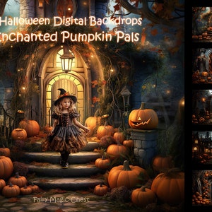 Halloween Digital Backdrops Bundle - Enchanted Path, Witch&#39;s Cottage, Pumpkins Door . Instant Download