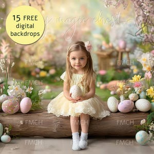 May include: A young girl in a yellow dress sits on a wooden log surrounded by pastel colored Easter eggs and spring flowers. The background is a blurred image of a spring garden with a wooden fence and a sign that says "magic chest".