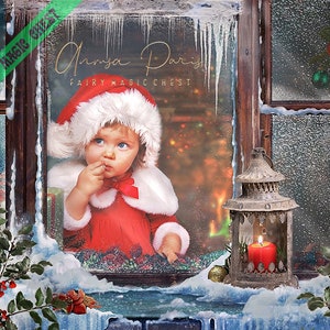 May include: A young child dressed in a red Santa suit with a white fur trim looks out a window covered in frost and icicles. The child is holding a finger to their mouth and looking thoughtfully at the viewer. The window is decorated with a lantern and a Christmas tree with lights.
