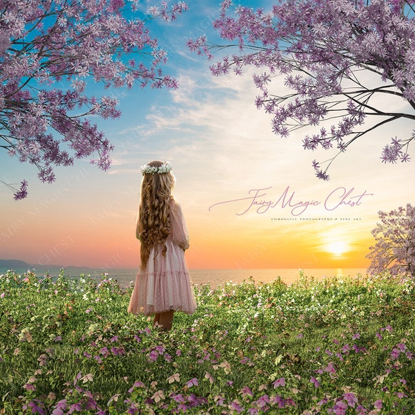 Spring digital background and png digital overlay with flowers to use as foreground. Sunset scene. Composite photography.