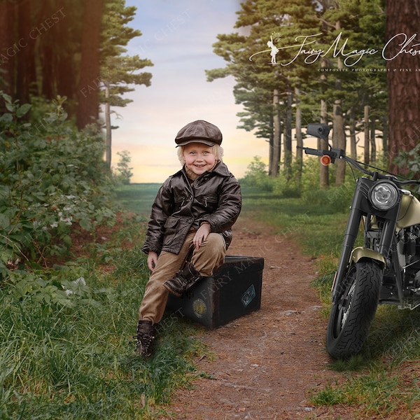 Retro motorcycle and luggage digital background, digital backdrop for composite photography.