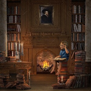 May include: A young boy wearing glasses sits on a stack of books in a dimly lit library. He is reading a book and holding his glasses with one hand. The library has a fireplace, bookshelves, and a portrait on the wall.