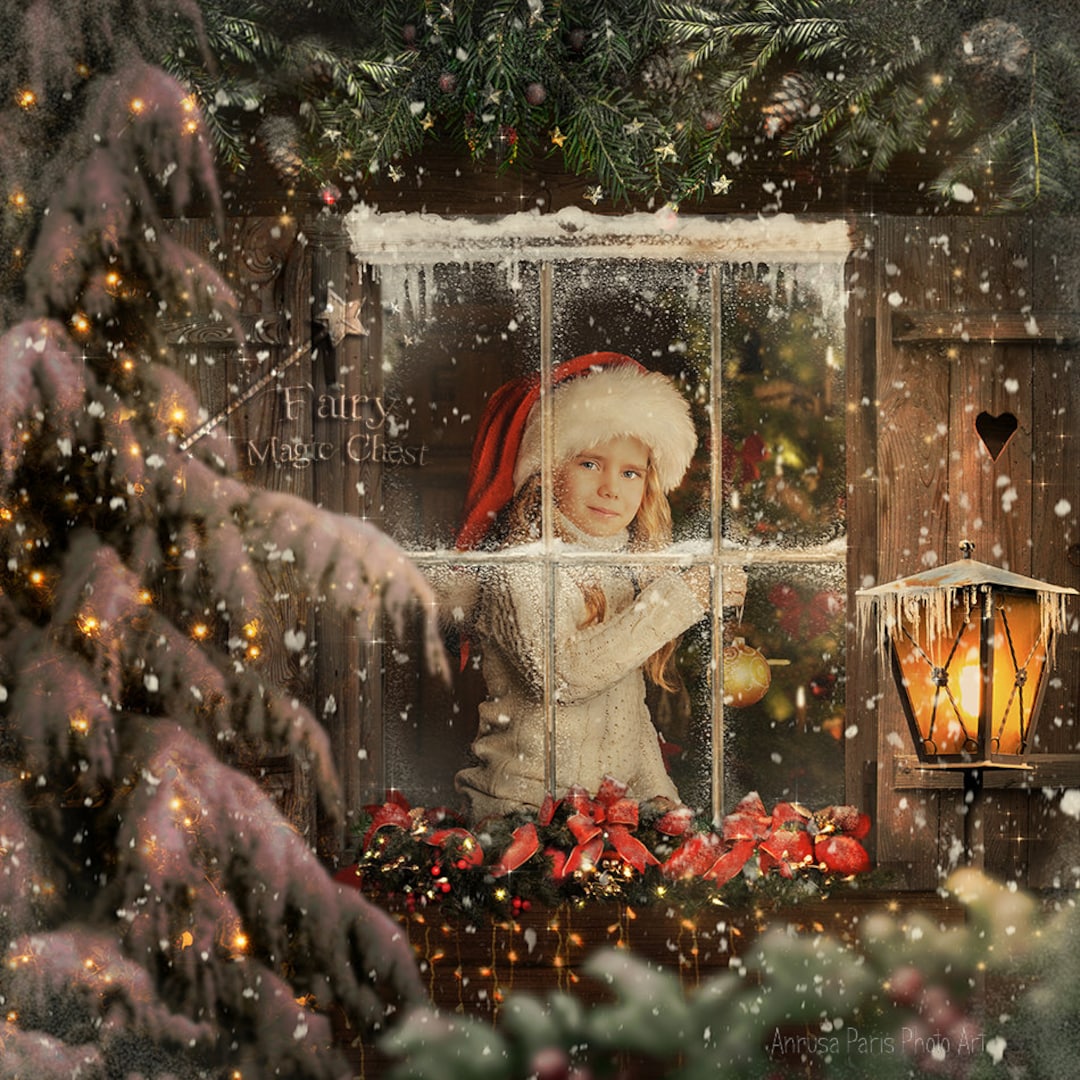 ゆきのオーダーページ Christmas Window Digital Background: Snowy Scene Overlay (4 Files