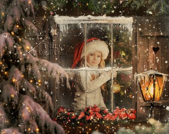 Christmas digital background, Magical window Overlay with crystals and condensation to place over your model, snowy scene. 4 files!