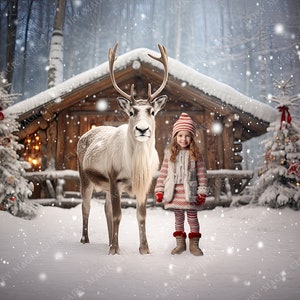 Christmas Reindeer Digital Background. Christmas Digital Backdrop for Photography. Reindeeer next to wooden cabin. Rustic. Instant download.
