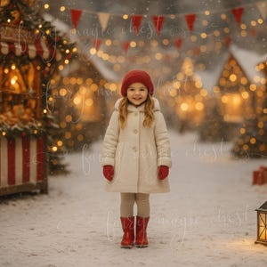 May include: A young child wearing a cream-colored coat, red hat, gloves, and boots stands in a snowy Christmas village scene. The background features festive lights, decorated trees, and a market stall.