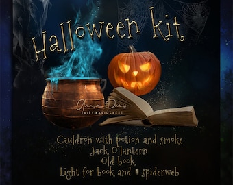 Halloween Overlays, png clipart. Cauldron with potion and smoke, the pumpkin Jack O lantern, magical light, old book and spiderweb as gift