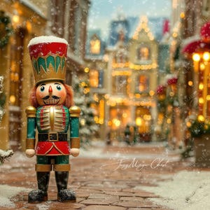 May include: A traditional wooden nutcracker doll stands in front of a snowy, festive Christmas village backdrop. The nutcracker is wearing a red and green uniform with gold accents and a tall, pointed hat. The village is decorated with twinkling lights and snow-covered buildings.