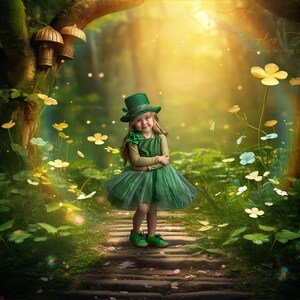 May include: A young girl wearing a green leprechaun hat and dress stands on a path in a magical forest setting. The forest is filled with green foliage and yellow flowers. The girl is smiling and looking at the camera.