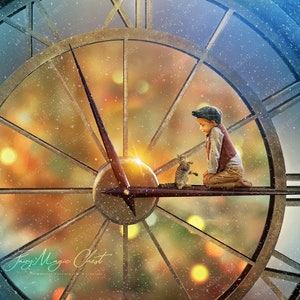 May include: A child wearing a brown vest and a cap sits on a clock face with a cat. The clock face is surrounded by a metal frame and has a blurred background of golden lights. The text "Enjoy Magic Chest" is visible at the bottom of the image.