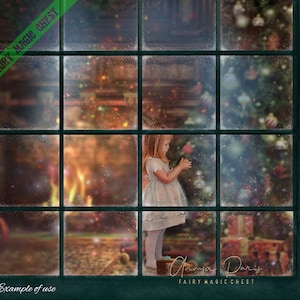 May include: A young girl stands in front of a window with frosted glass panes. The window looks out onto a Christmas scene with a fireplace, a Christmas tree, and presents. The text "Fairy Magic Chest" is visible at the bottom of the image.