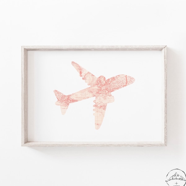 Pink Airplane Wall Art, Blush Pink Travel Nursery Art, DIGITAL DOWNLOAD, Girls Nursery Print, World Map Wall Art, Pink Bedroom Decor