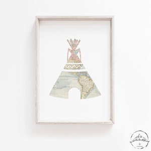 May include: A printable art print featuring a white silhouette of a teepee with a vintage world map pattern. The teepee is framed in a light wood frame.