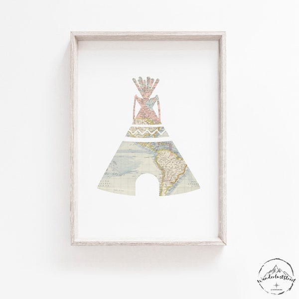 Teepee Nursery Print, Tipi Tent Wall Art, World Map Nursery Decor, DIGITAL DOWNLOAD, Baby Nursery Deco, Girls And Boys Prints, Playroom Art