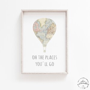 Hot Air Balloon Print, Baby Nursery Decor, World Map Art, DIGITAL DOWNLOAD, Kids Bedroom Wall Art, Printable Wall Art, Pastel Nursery Print
