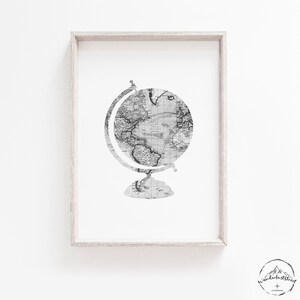 Arte de parede de globo, arte de berçário em preto e branco, decoração de mapa-múndi cinza, arte de berçário de viagem cinza, DOWNLOAD DIGITAL, decoração de berçário de aventura