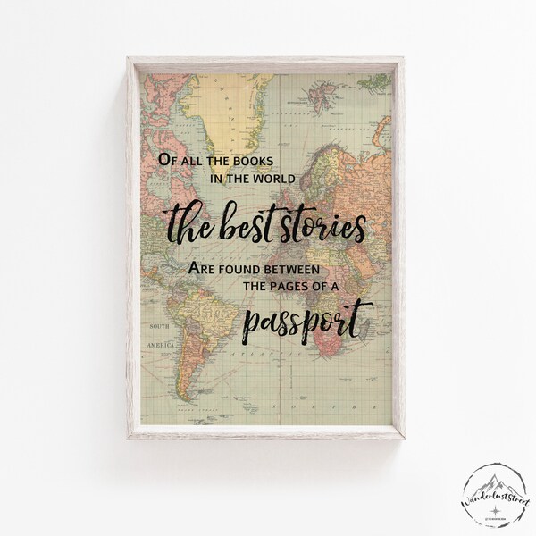 Impresiones de viajes, citas inspiradoras, arte mural con citas de viajes, arte mural con mapas del mundo, impresiones vintage del mundo, descarga digital, obras de arte para la sala de estar.